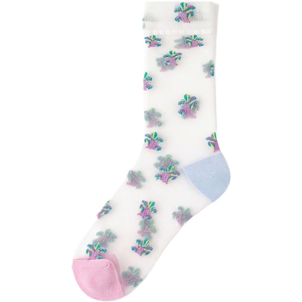 Sheer Mesh Patterned Crew Socks - Purple - 1