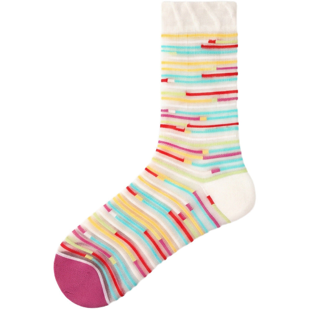 Sheer Mesh Patterned Crew Socks - Striped