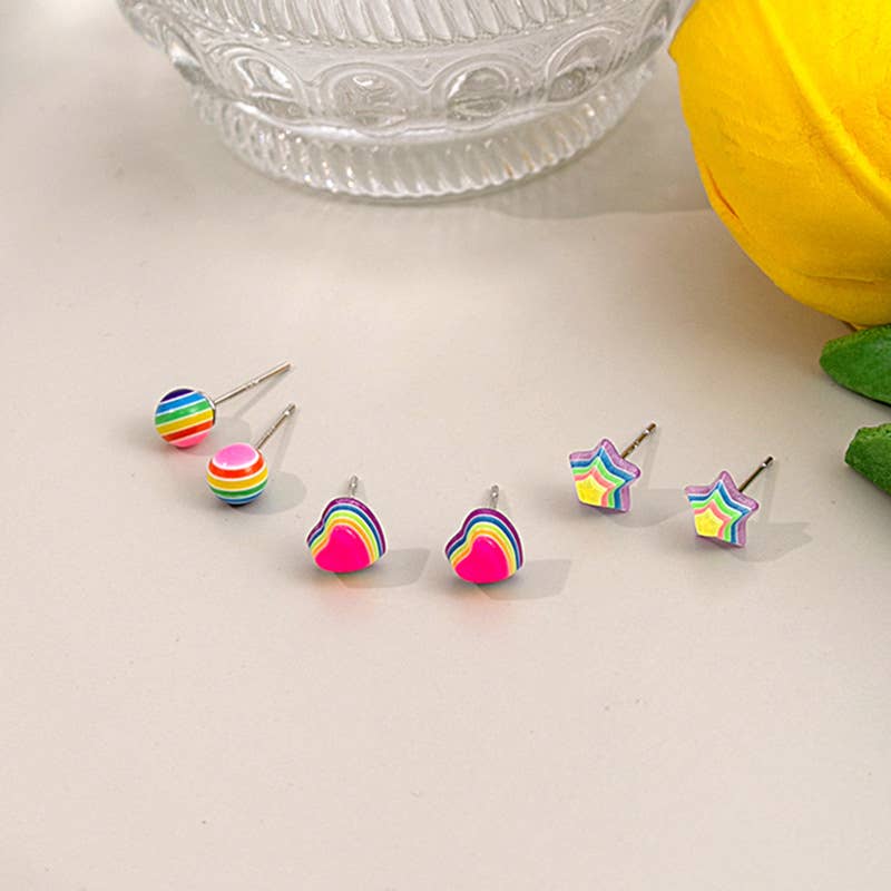 Rainbow Heart Star Stud Earring Set