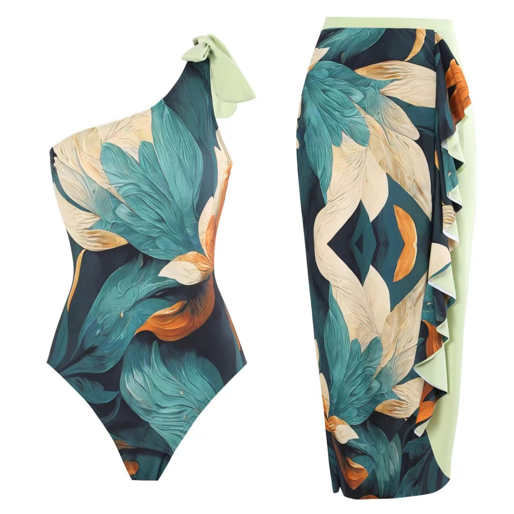 Tropical Print One Shoulder Swimsuit And Sarong - Green