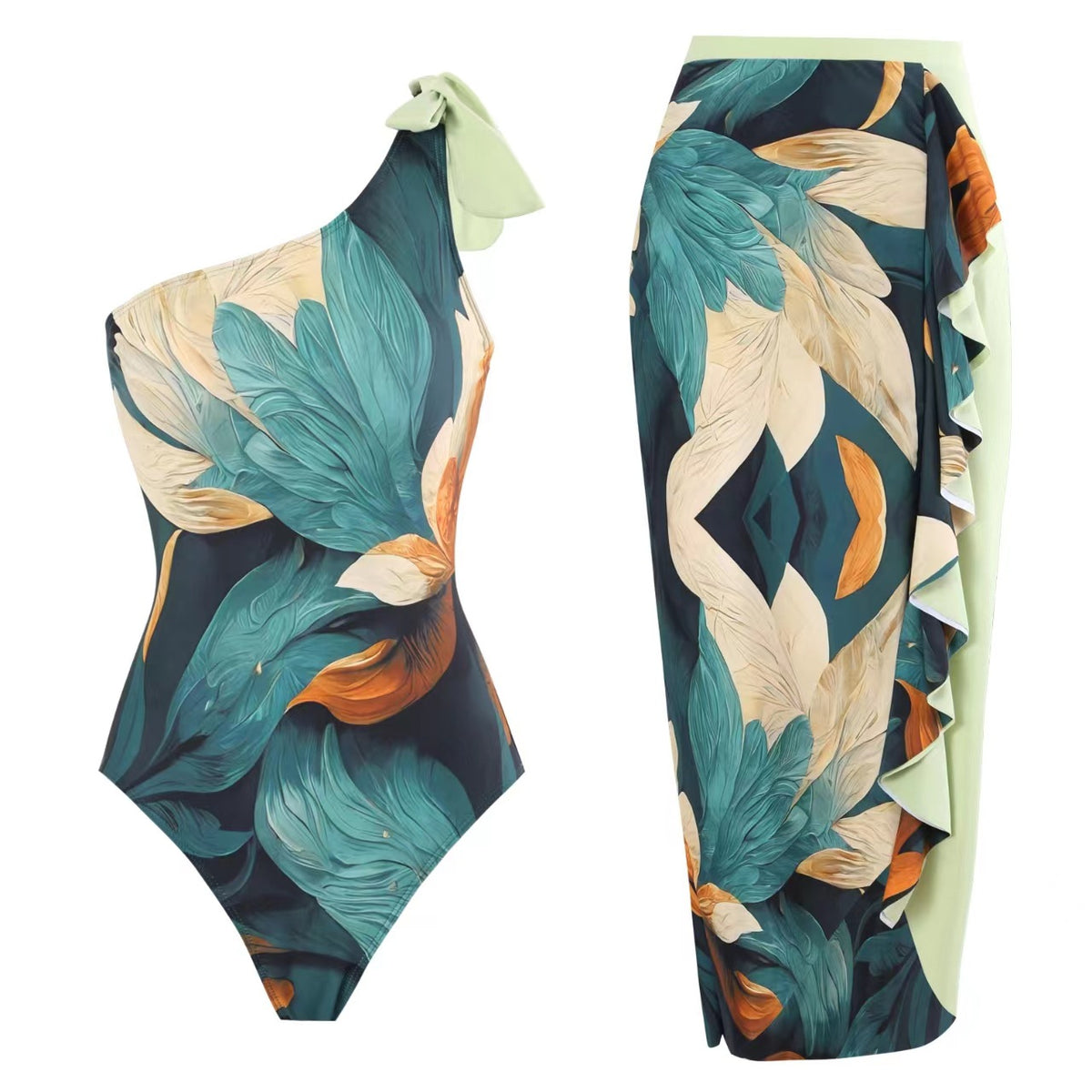 Tropical Print One Shoulder Swimsuit And Sarong - Green