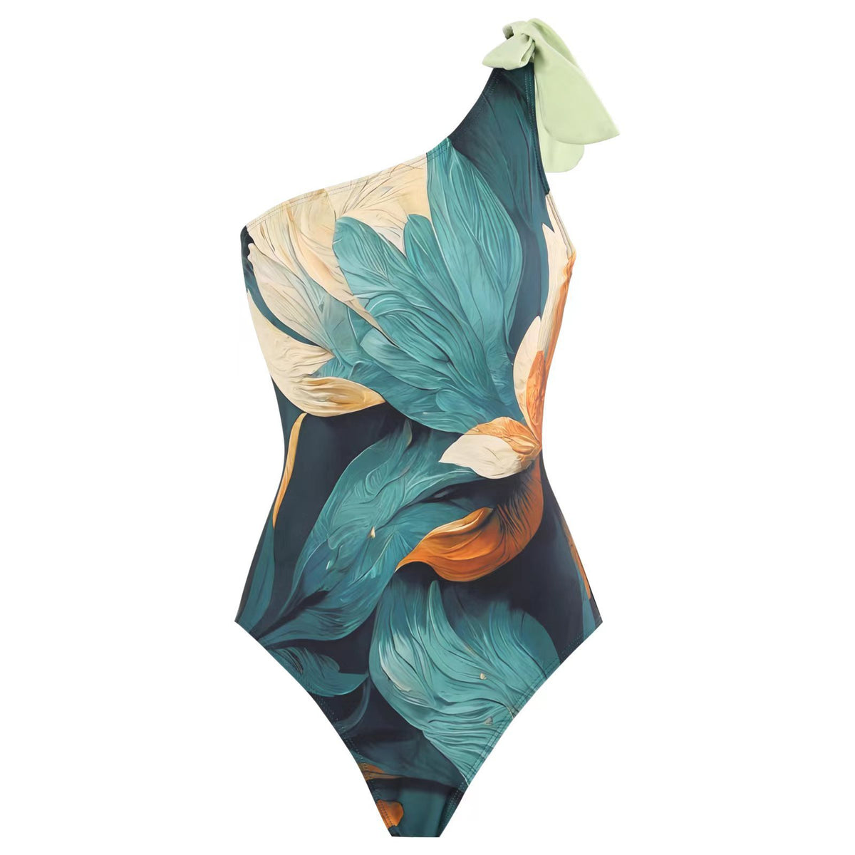 Tropical Print One Shoulder Swimsuit And Sarong - Green - 1