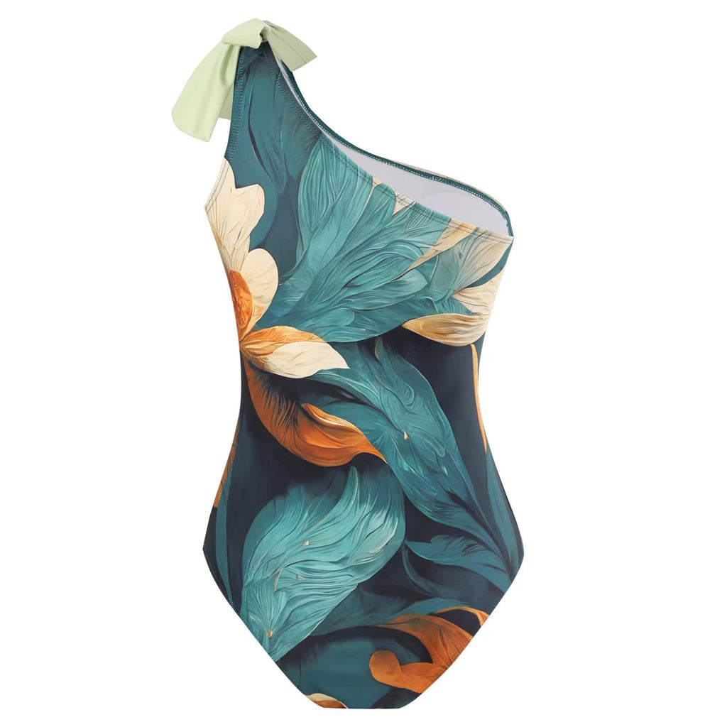 Tropical Print One Shoulder Swimsuit And Sarong - Green - 2