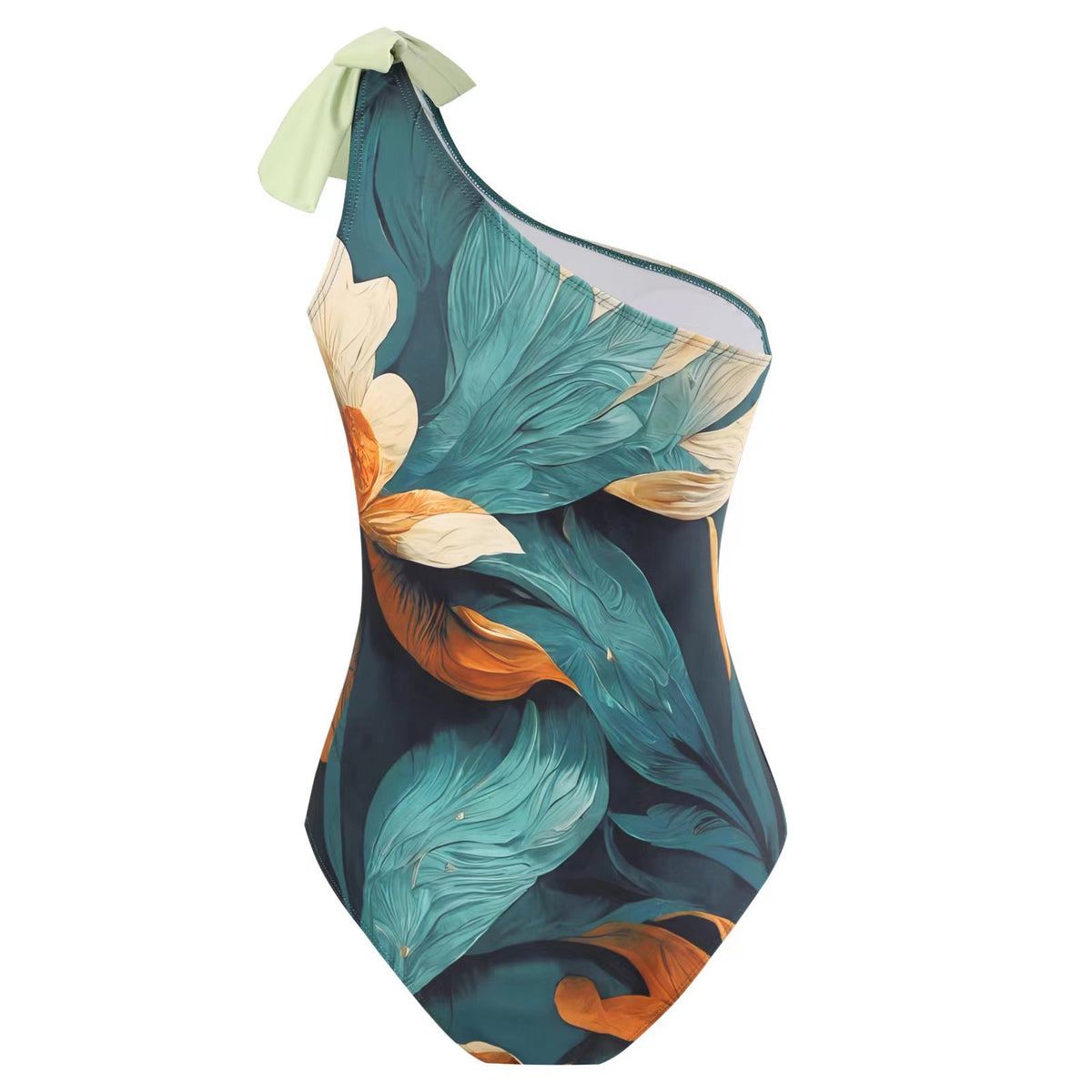 Tropical Print One Shoulder Swimsuit And Sarong - Green - 2
