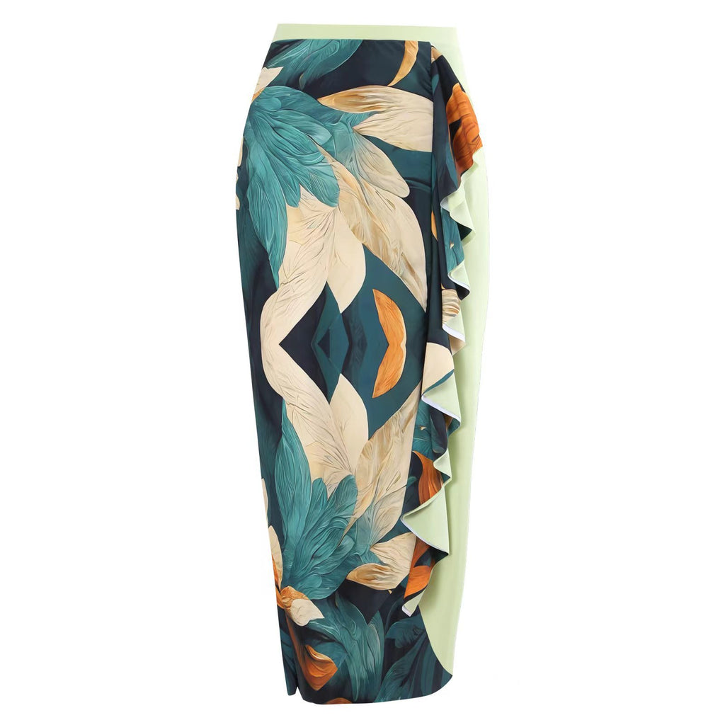 Tropical Print One Shoulder Swimsuit And Sarong - Green - 3