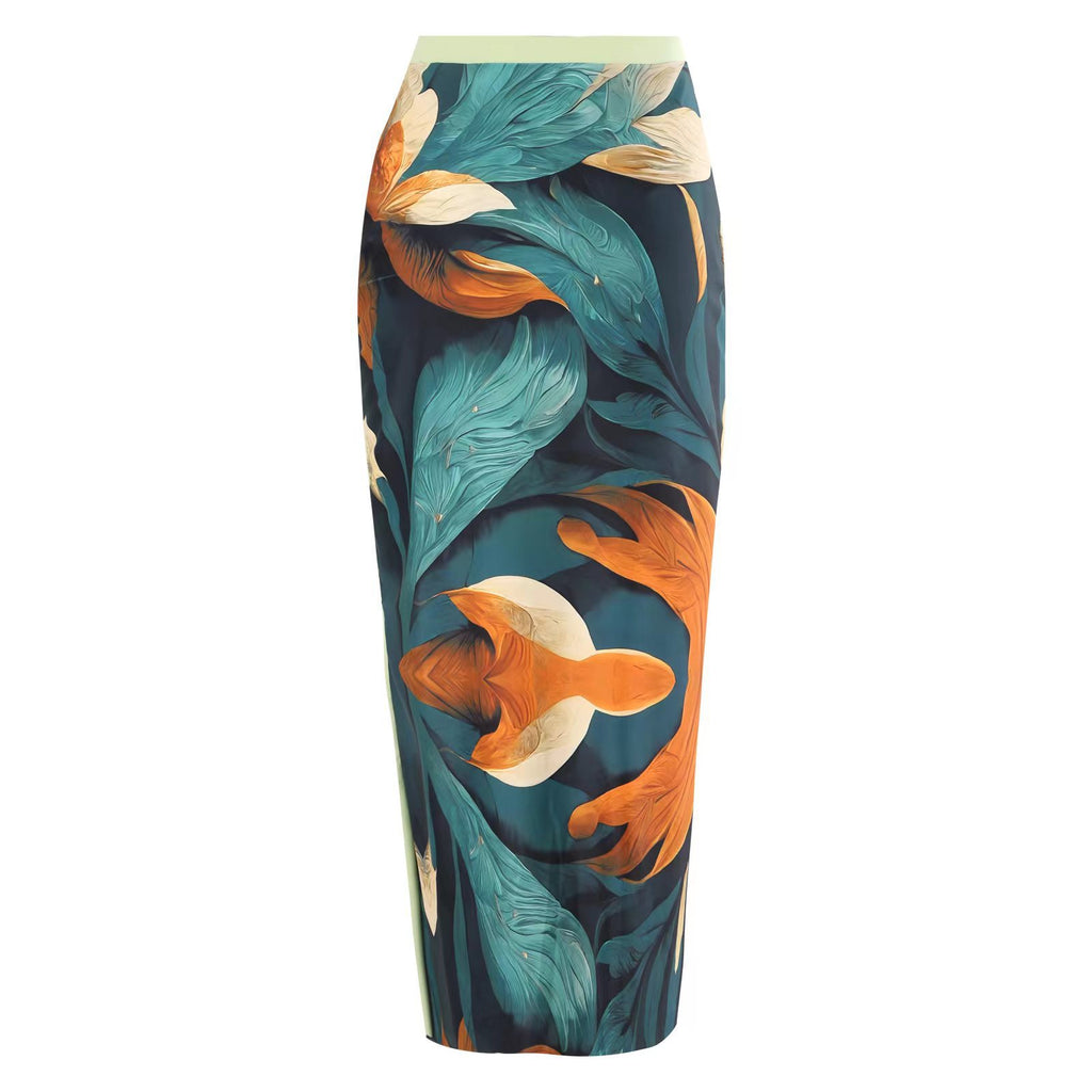Tropical Print One Shoulder Swimsuit And Sarong - Green - 4