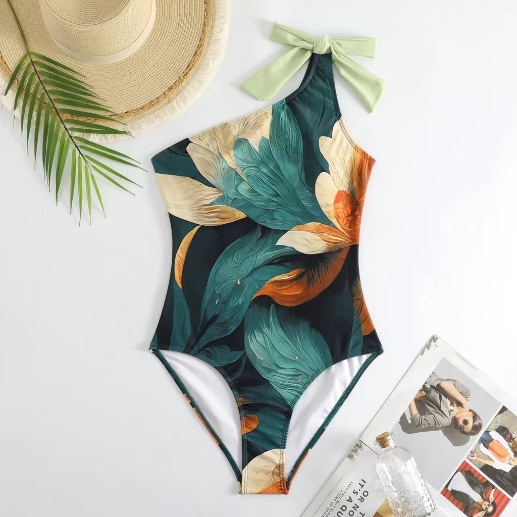 Tropical Print One Shoulder Swimsuit And Sarong - Green - 5