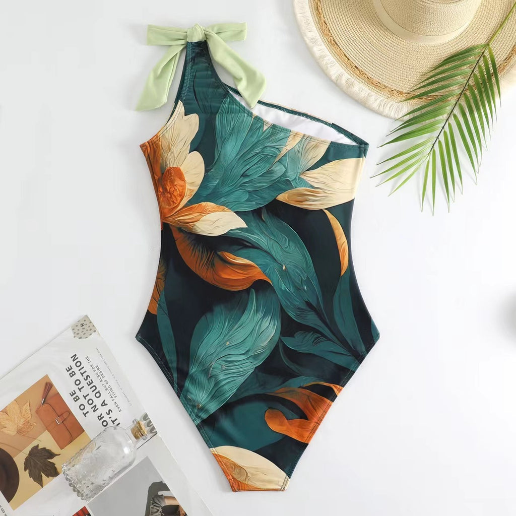 Tropical Print One Shoulder Swimsuit And Sarong - Green - 6