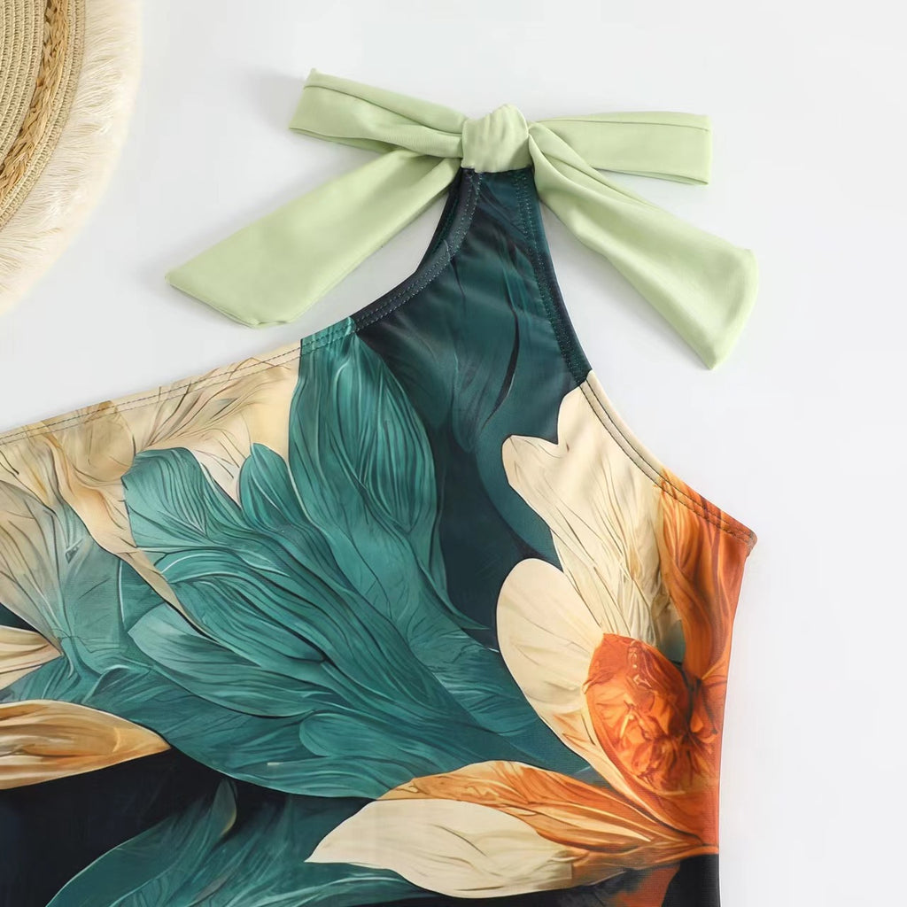 Tropical Print One Shoulder Swimsuit And Sarong - Green - 8