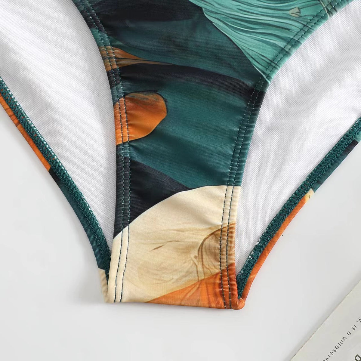 Tropical Print One Shoulder Swimsuit And Sarong - Green - 9