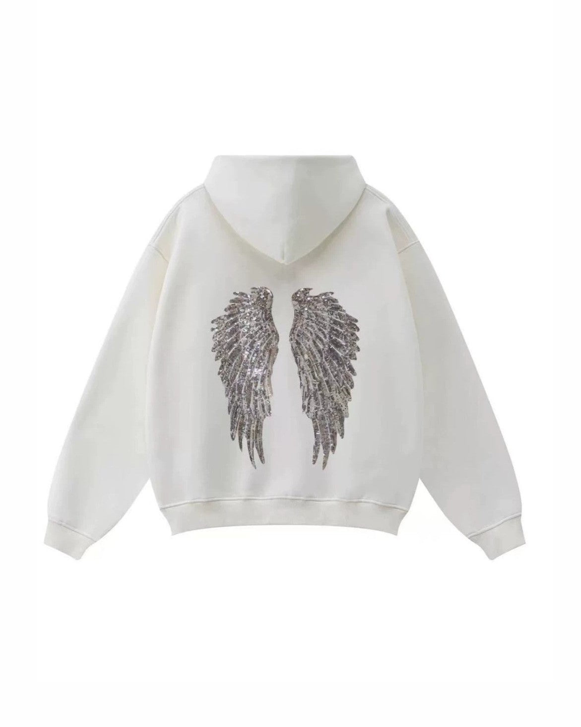 Sequin Wing Back Zip Up Hooded Sweatshirt - White