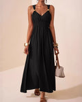 Shirred Empire Waist V Neck Maxi Dress - Black