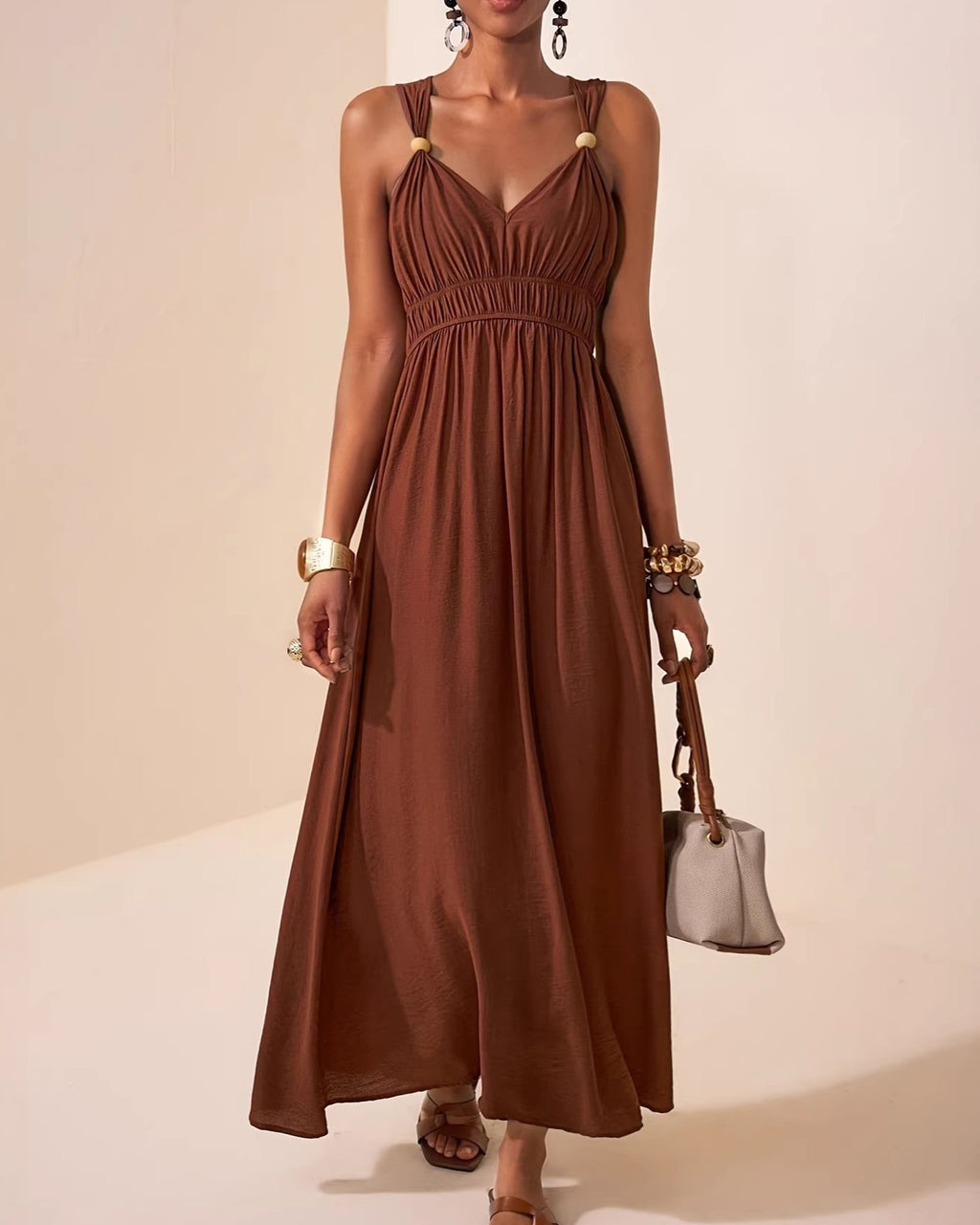 Shirred Empire Waist V Neck Maxi Dress - Brown