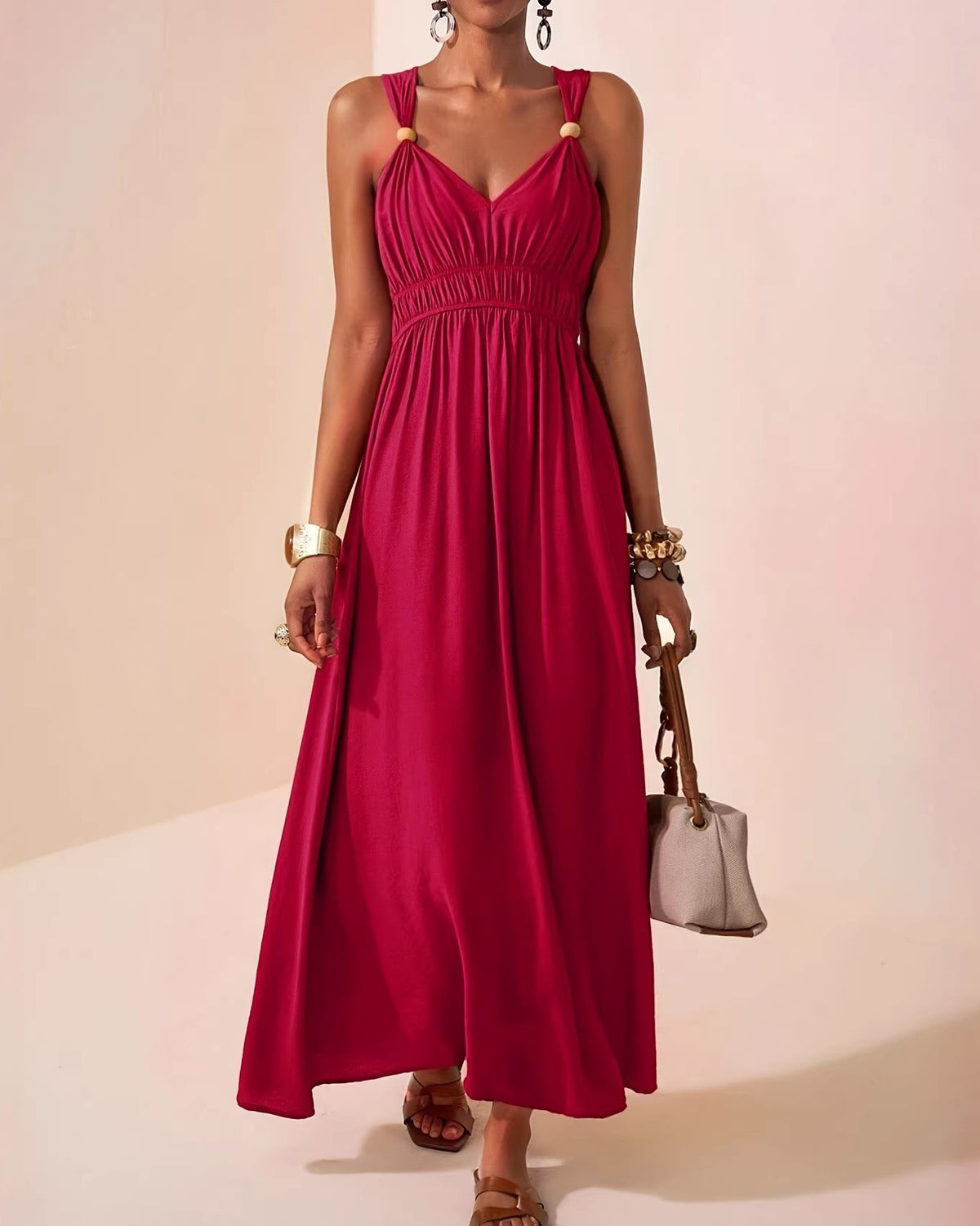 Shirred Empire Waist V Neck Maxi Dress - Rose-Red