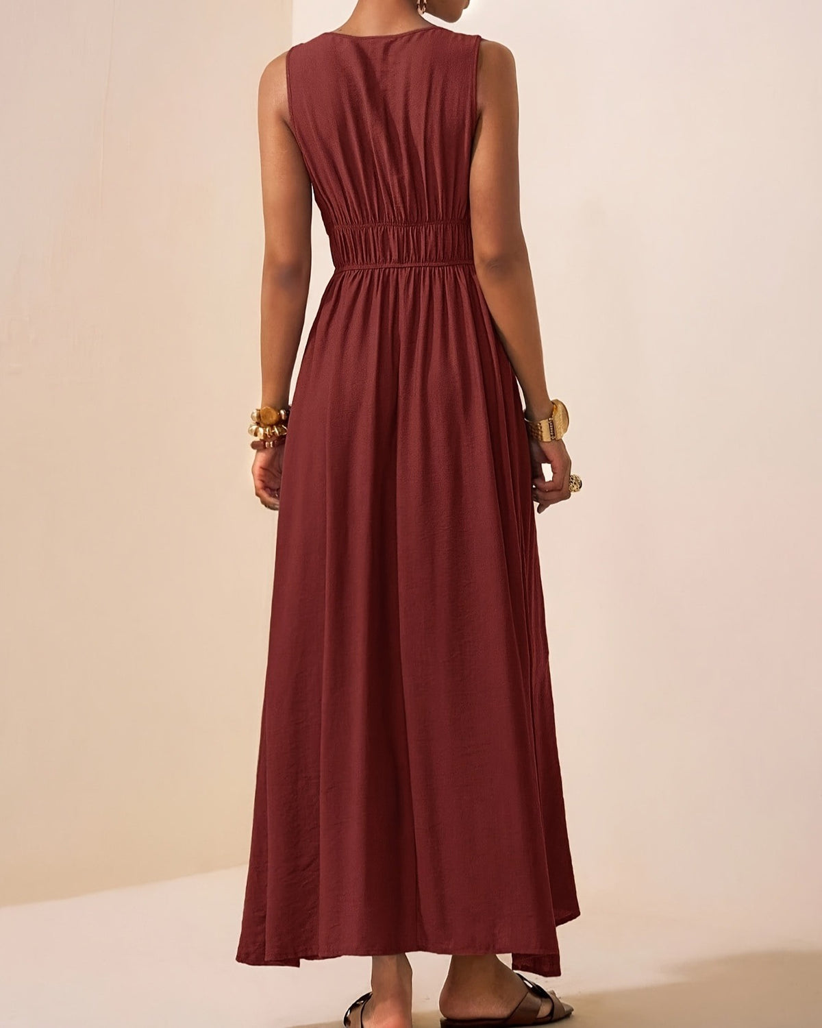 Shirred Empire Waist V Neck Maxi Dress - Wine-Red - 1