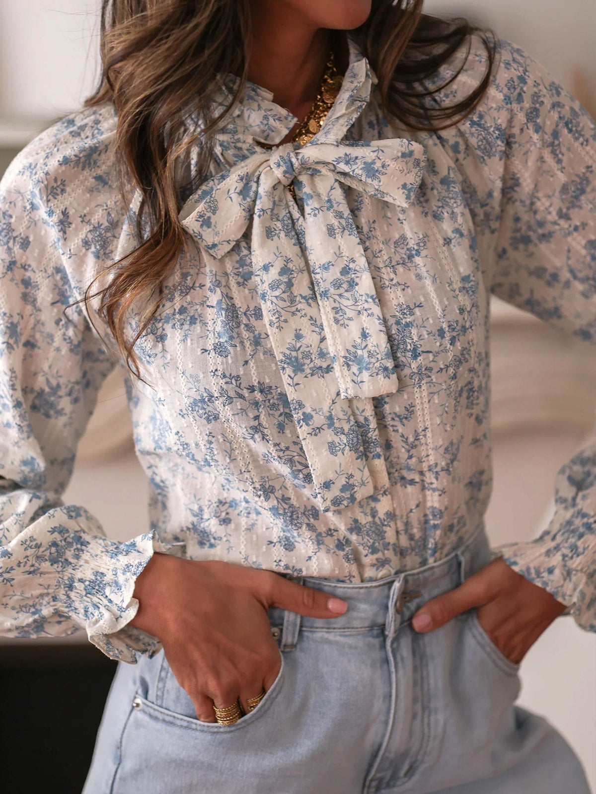 Ditsy Floral Chiffon Bow Neck Blouse - Blue - 1