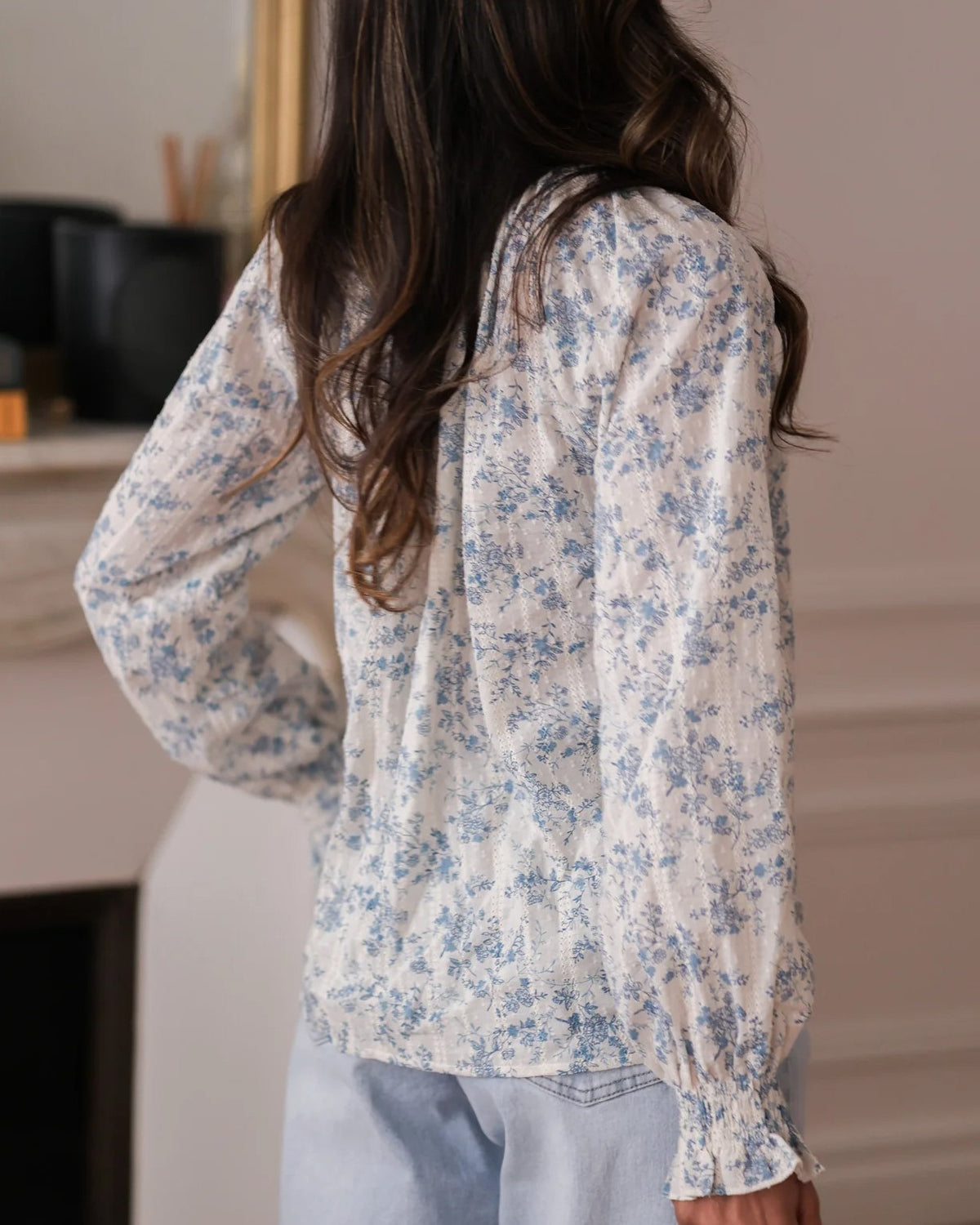 Ditsy Floral Chiffon Bow Neck Blouse - Blue - 3