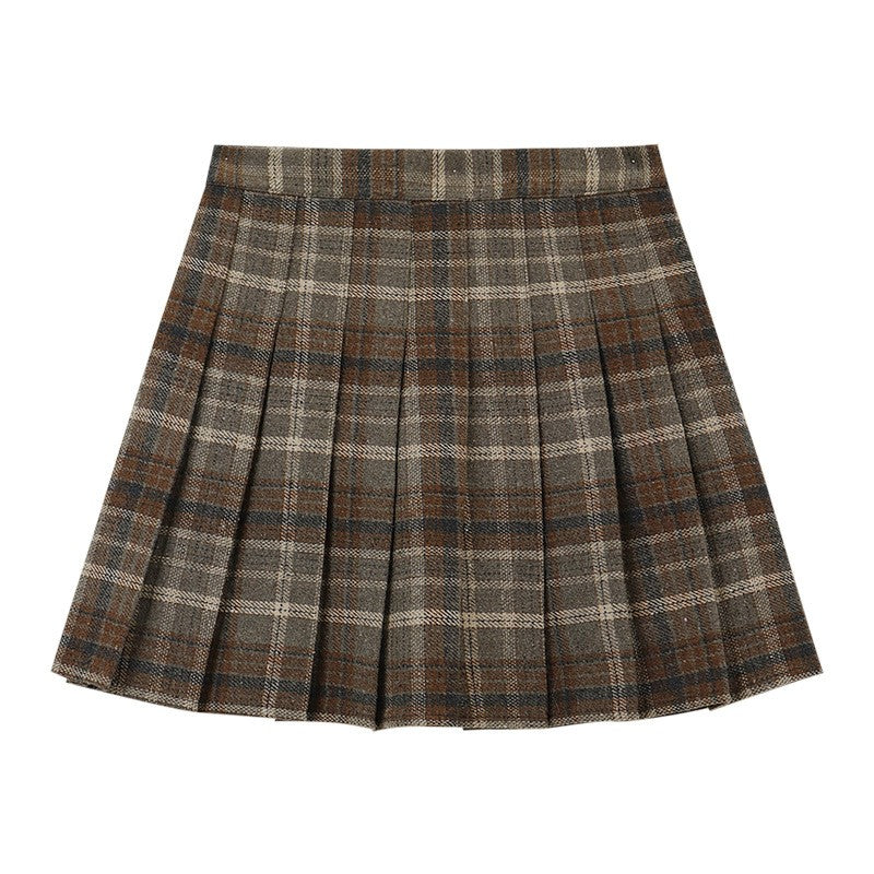 Brushed Plaid Pleated High-Waist Mini Skirt - Brown Plaid