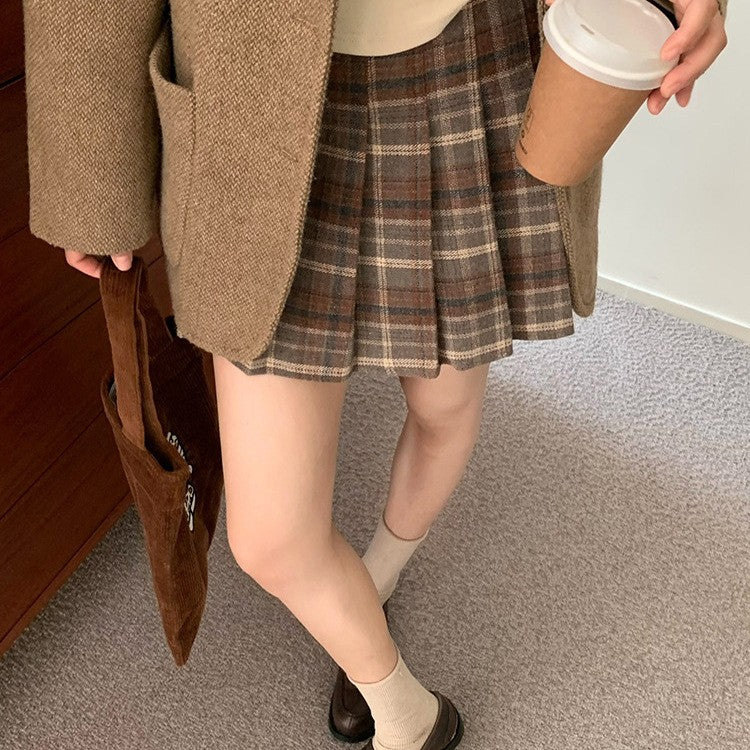Brushed Plaid Pleated High-Waist Mini Skirt