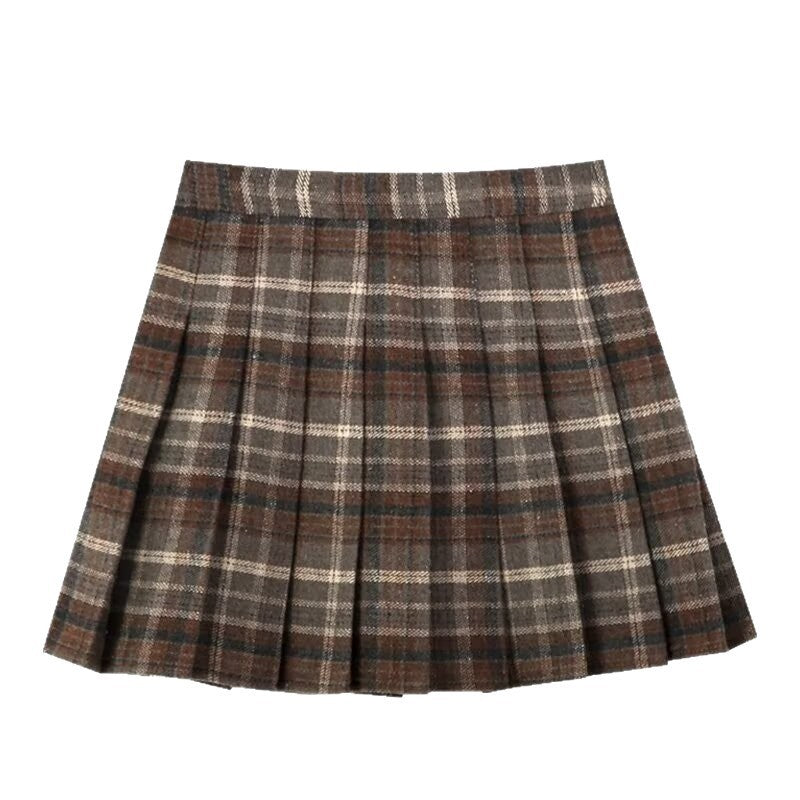 Brushed Plaid Pleated High-Waist Mini Skirt
