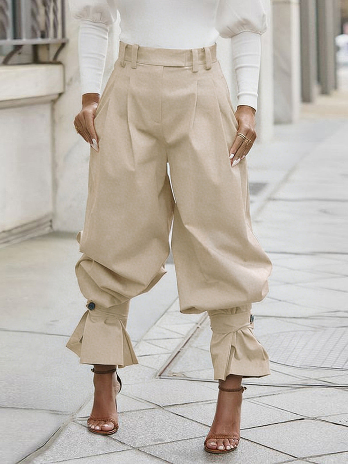 Pleated High Waist Ruffle Cuff Pants - Apricot - 1