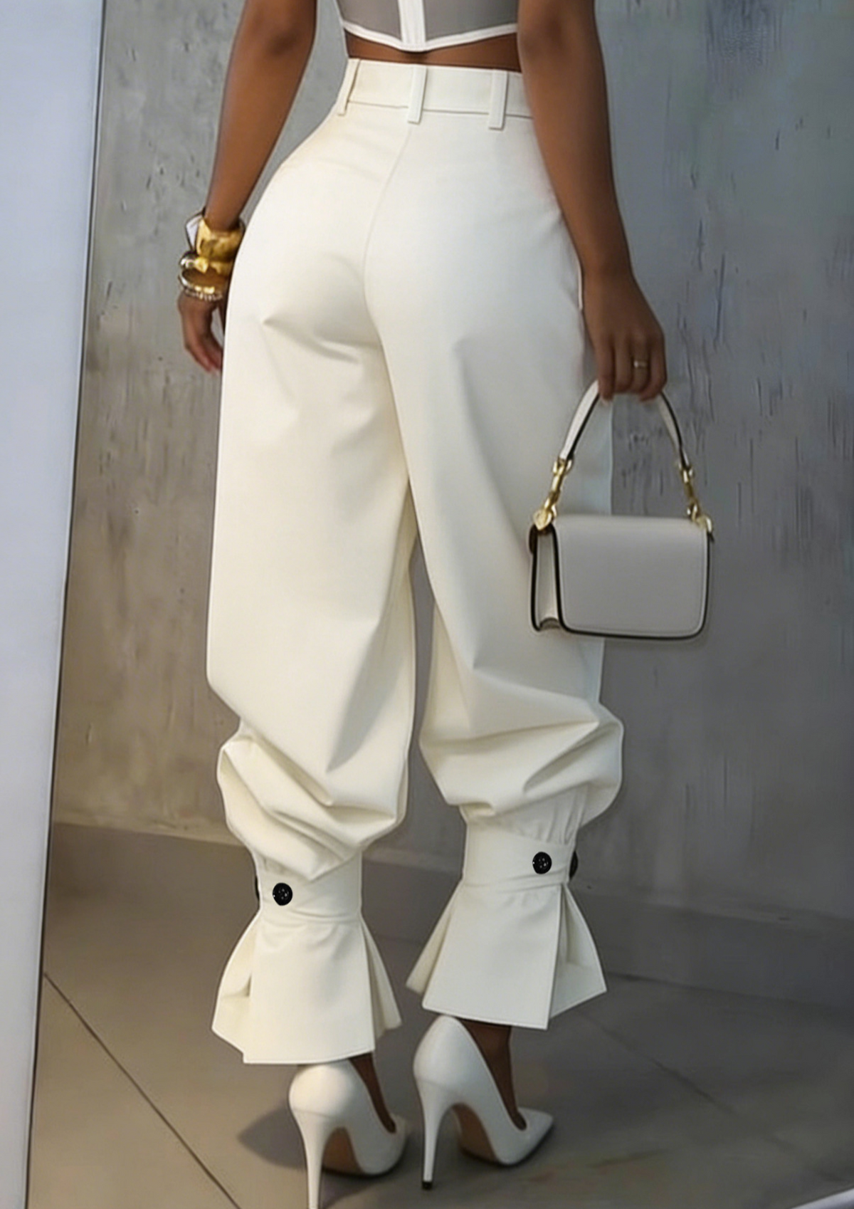 Pleated High Waist Ruffle Cuff Pants - Begie - 1