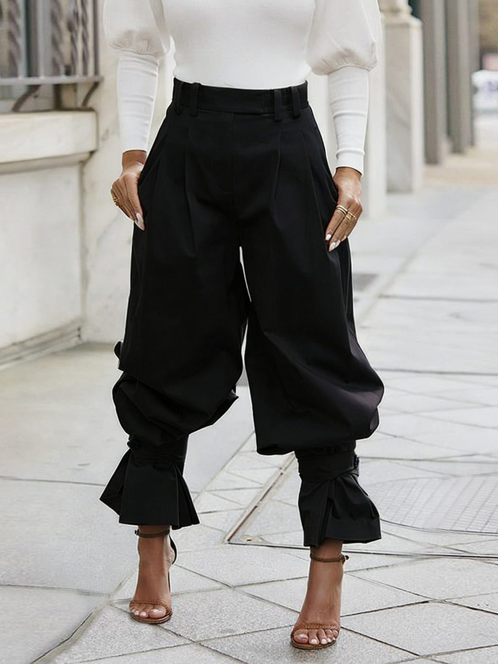 Pleated High Waist Ruffle Cuff Pants - Black - 5