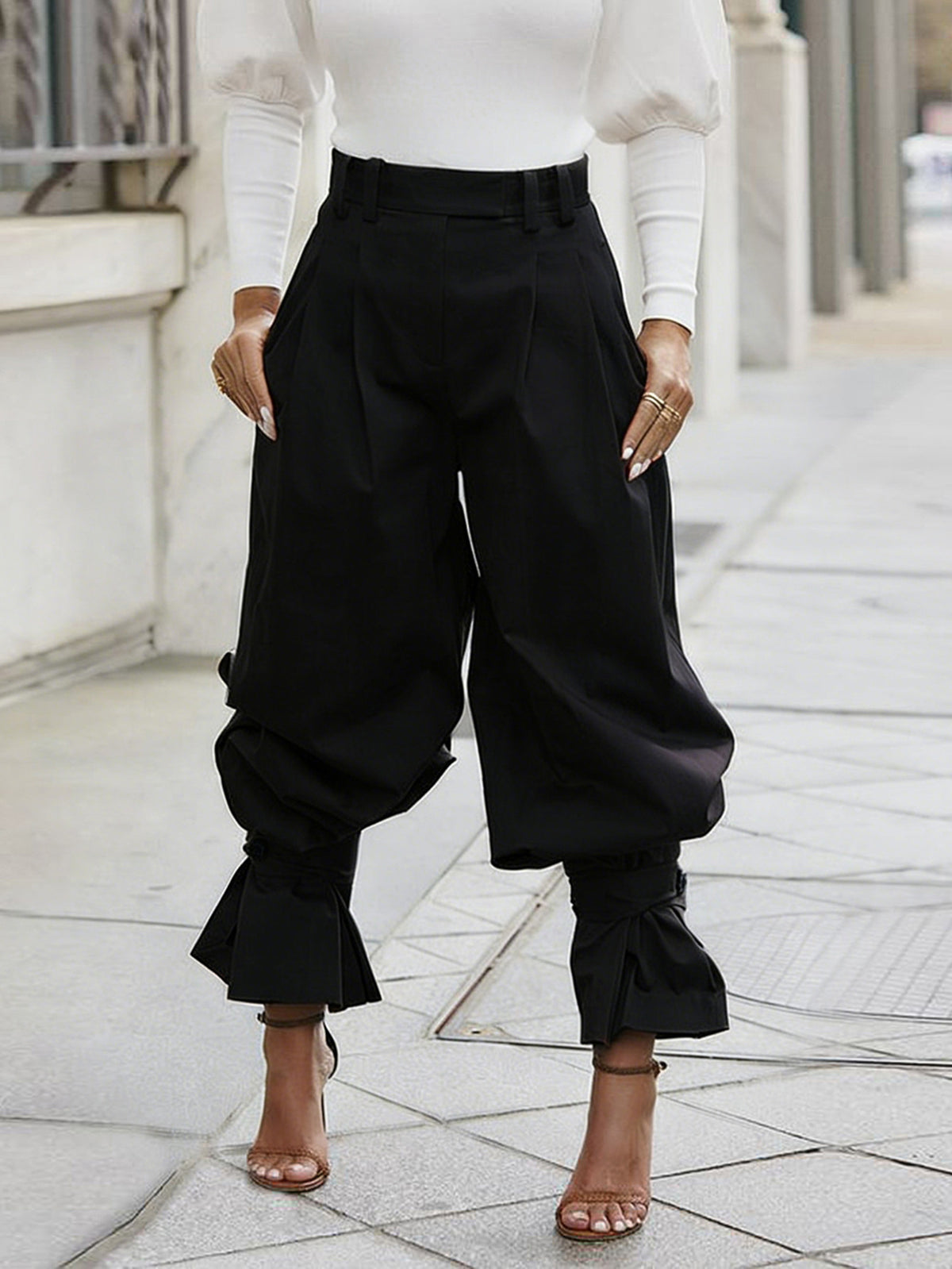 Pleated High Waist Ruffle Cuff Pants - Black - 5
