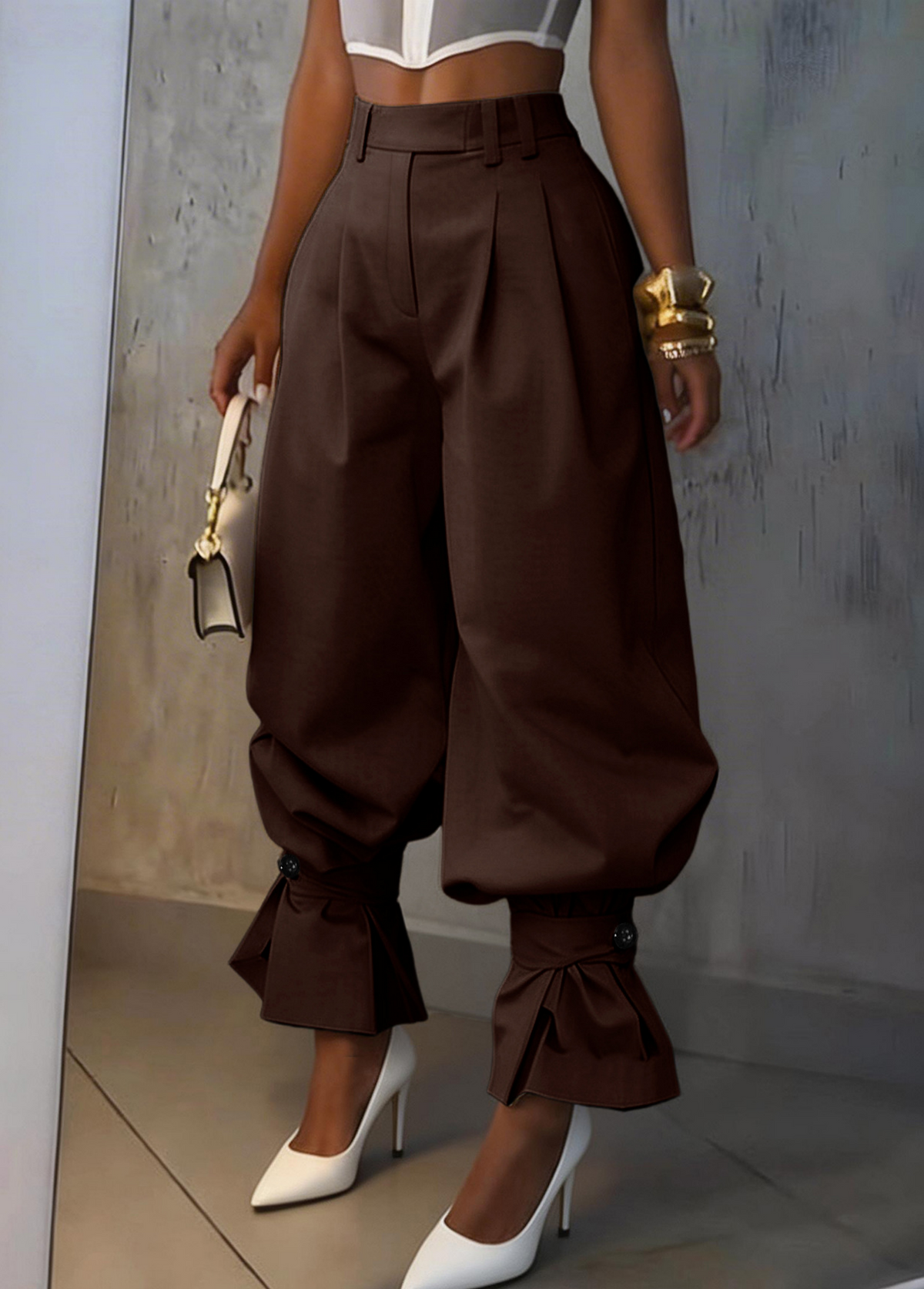 Pleated High Waist Ruffle Cuff Pants - Brown