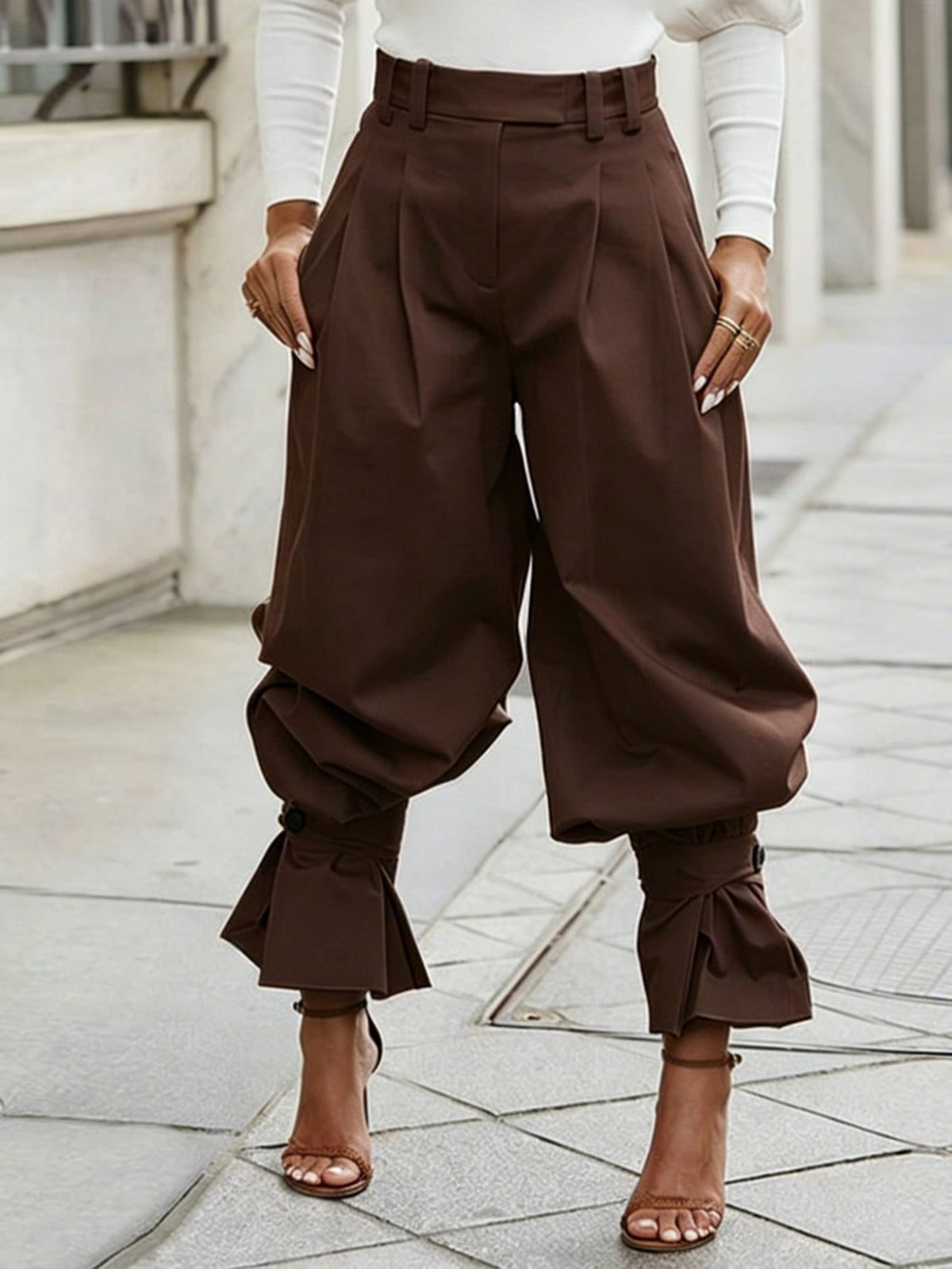Pleated High Waist Ruffle Cuff Pants - Brown - 1