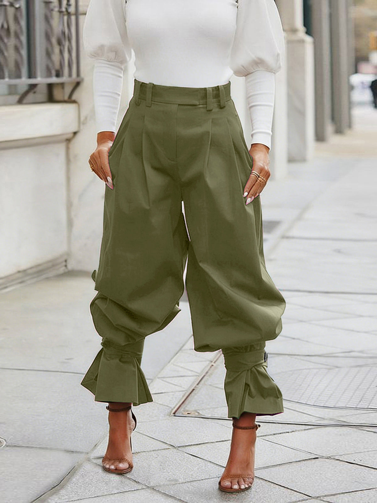 Pleated High Waist Ruffle Cuff Pants - Green