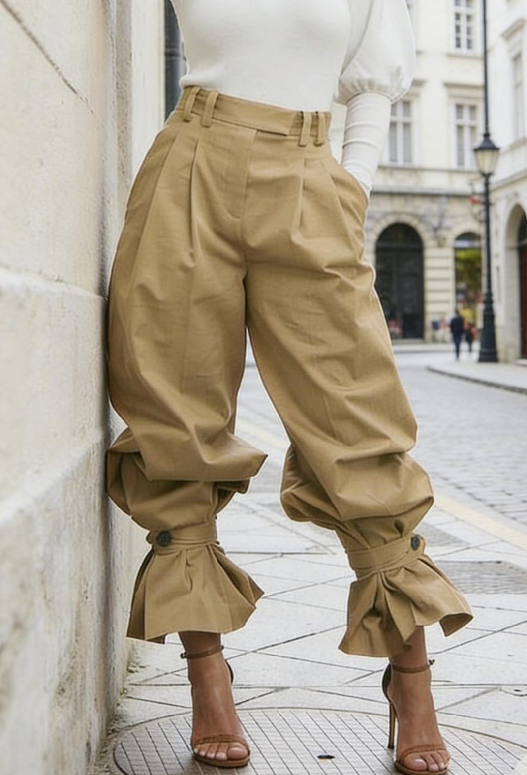 Pleated High Waist Ruffle Cuff Pants - Khaki