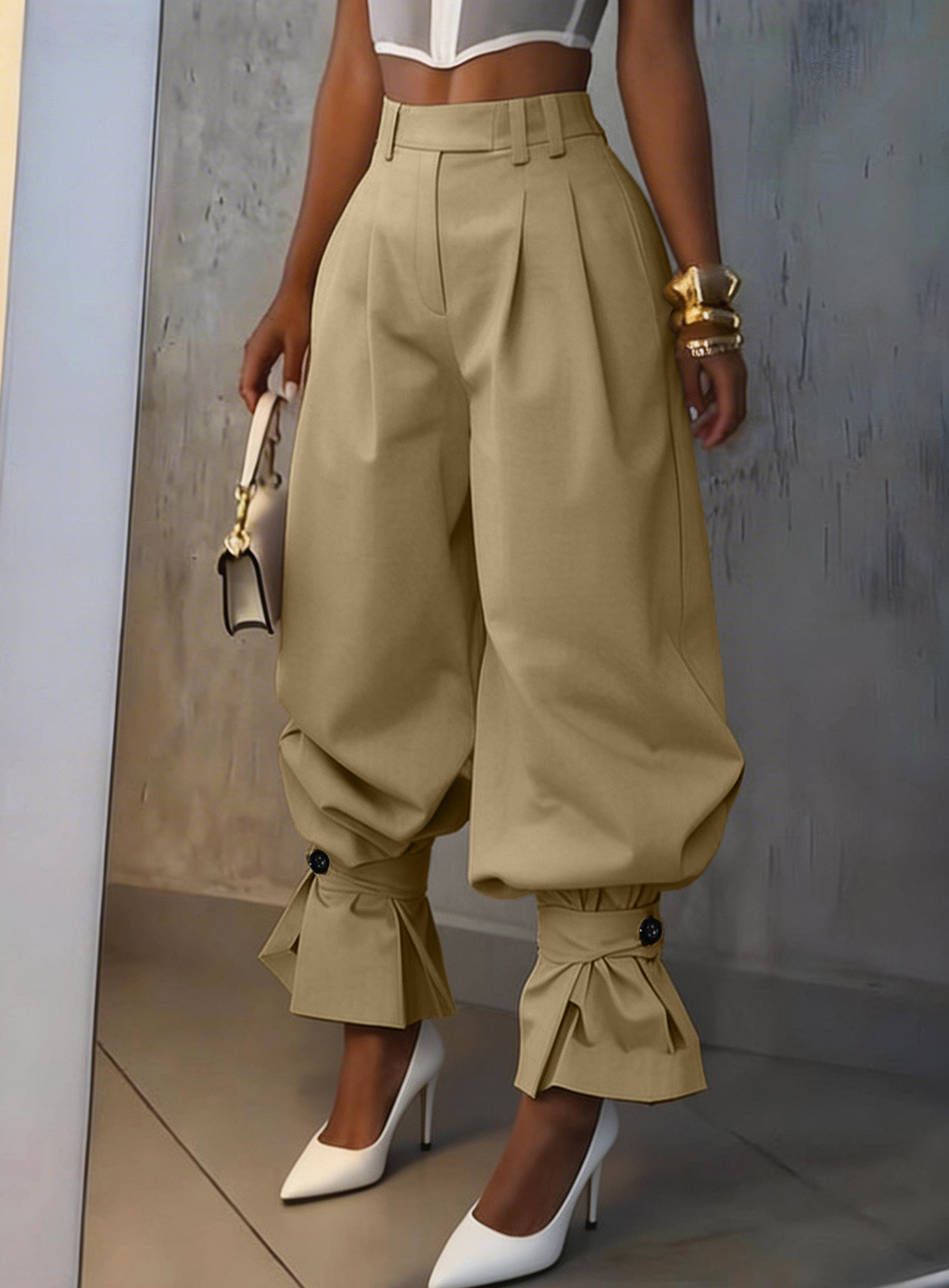 Pleated High Waist Ruffle Cuff Pants - Khaki - 1