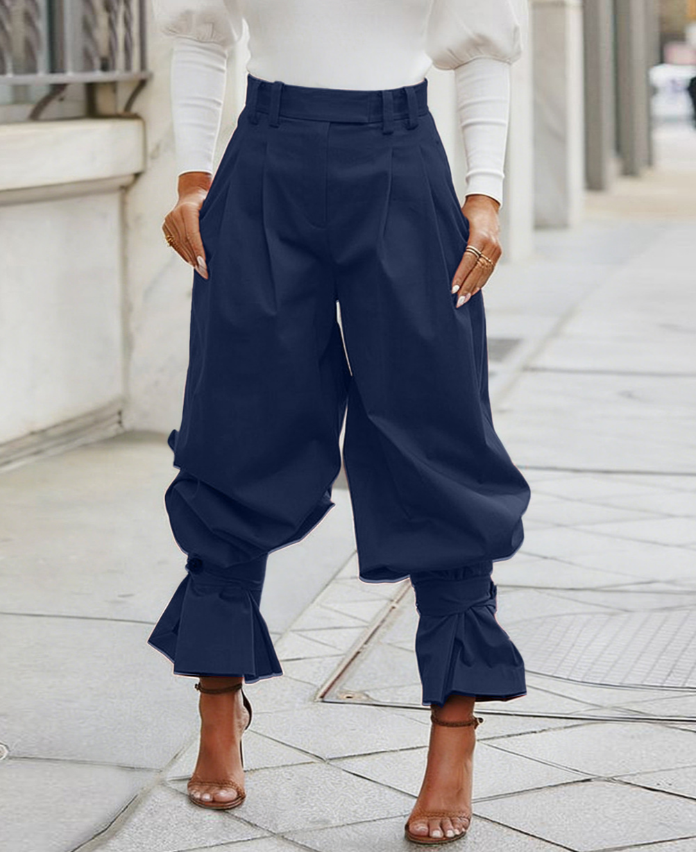 Pleated High Waist Ruffle Cuff Pants - NavyBlue