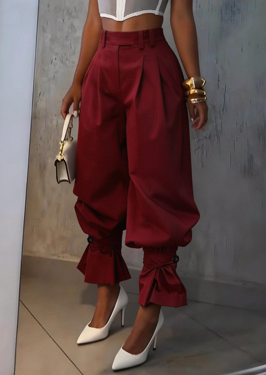 Pleated High Waist Ruffle Cuff Pants - Wine_red