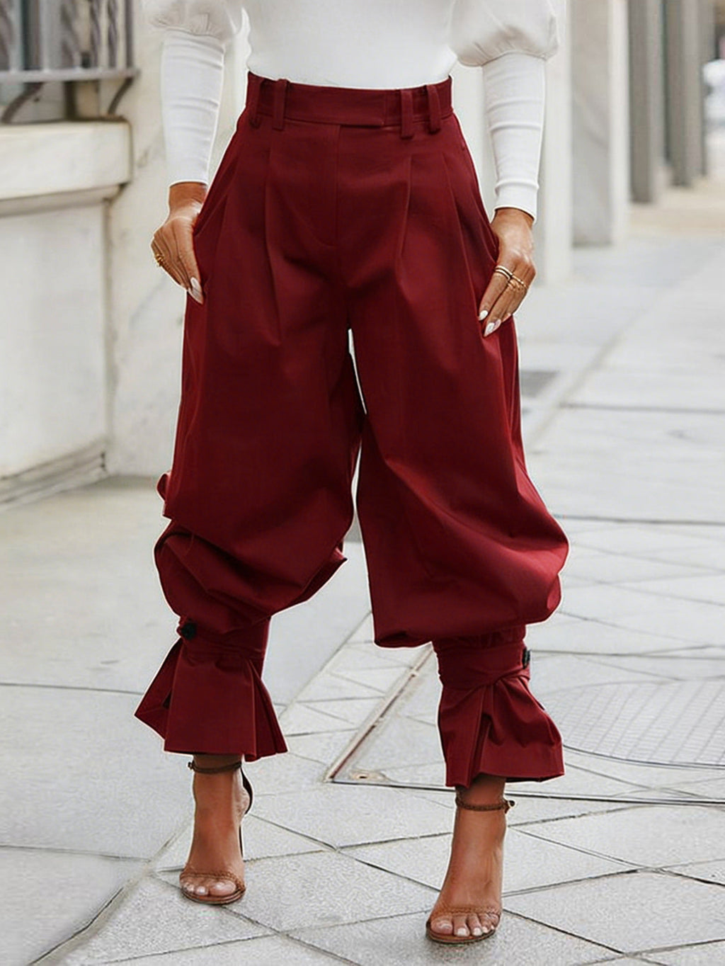 Pleated High Waist Ruffle Cuff Pants - Wine_red - 1