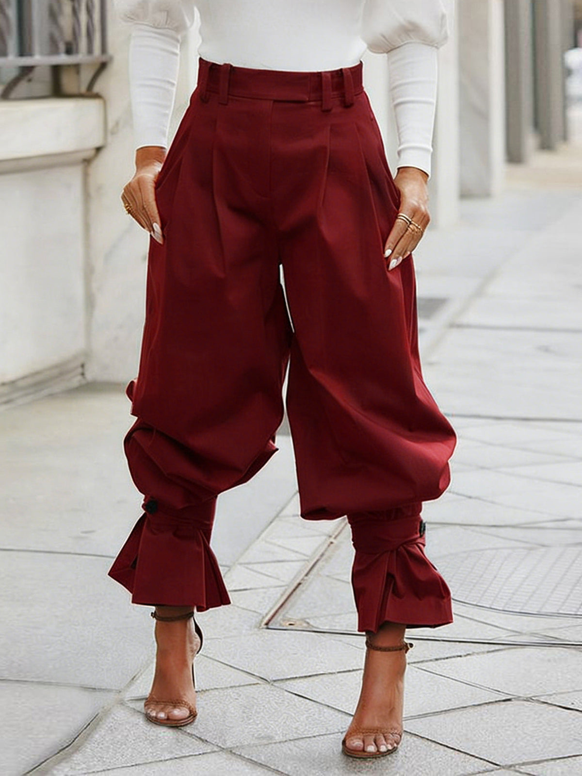 Pleated High Waist Ruffle Cuff Pants - Wine_red - 1