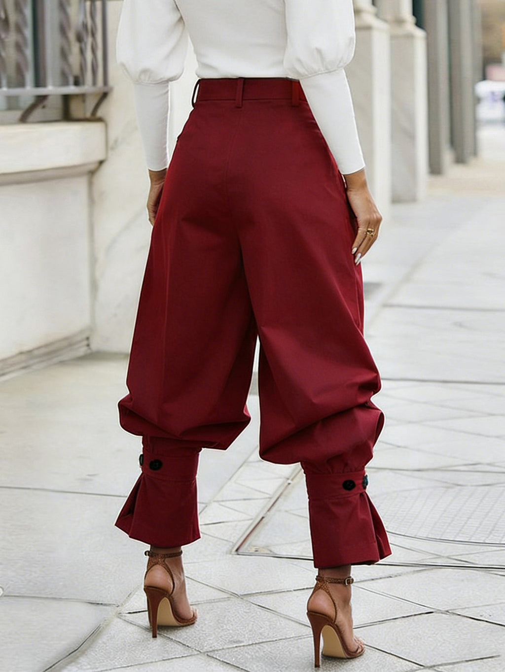 Pleated High Waist Ruffle Cuff Pants - Wine_red - 2