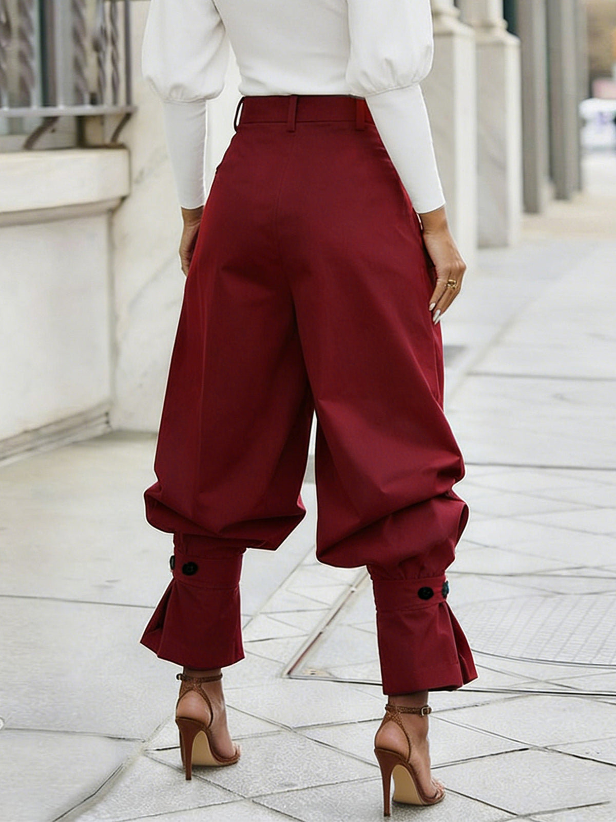 Pleated High Waist Ruffle Cuff Pants - Wine_red - 2