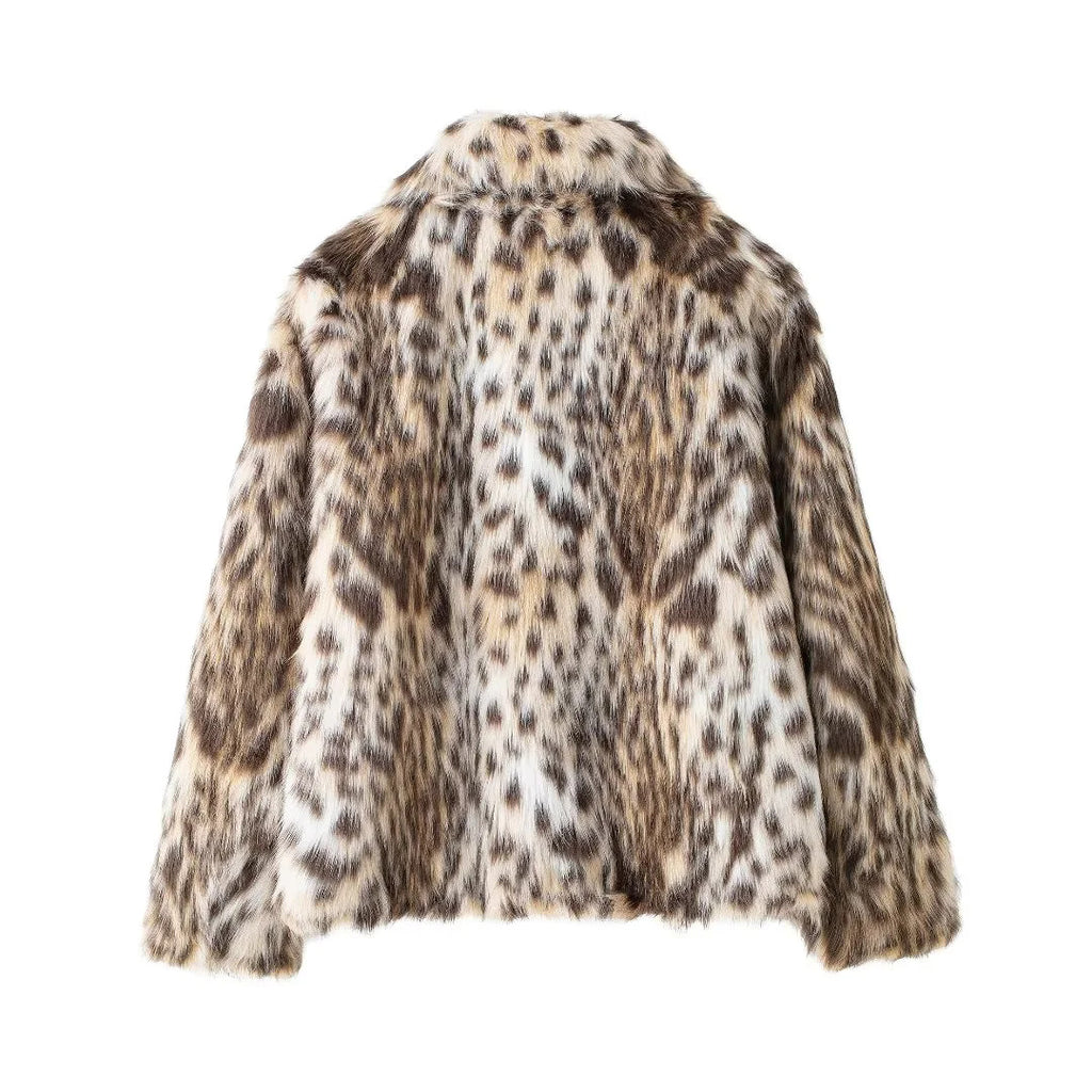 Leopard Faux Fur Notch Lapel Coat - Brown