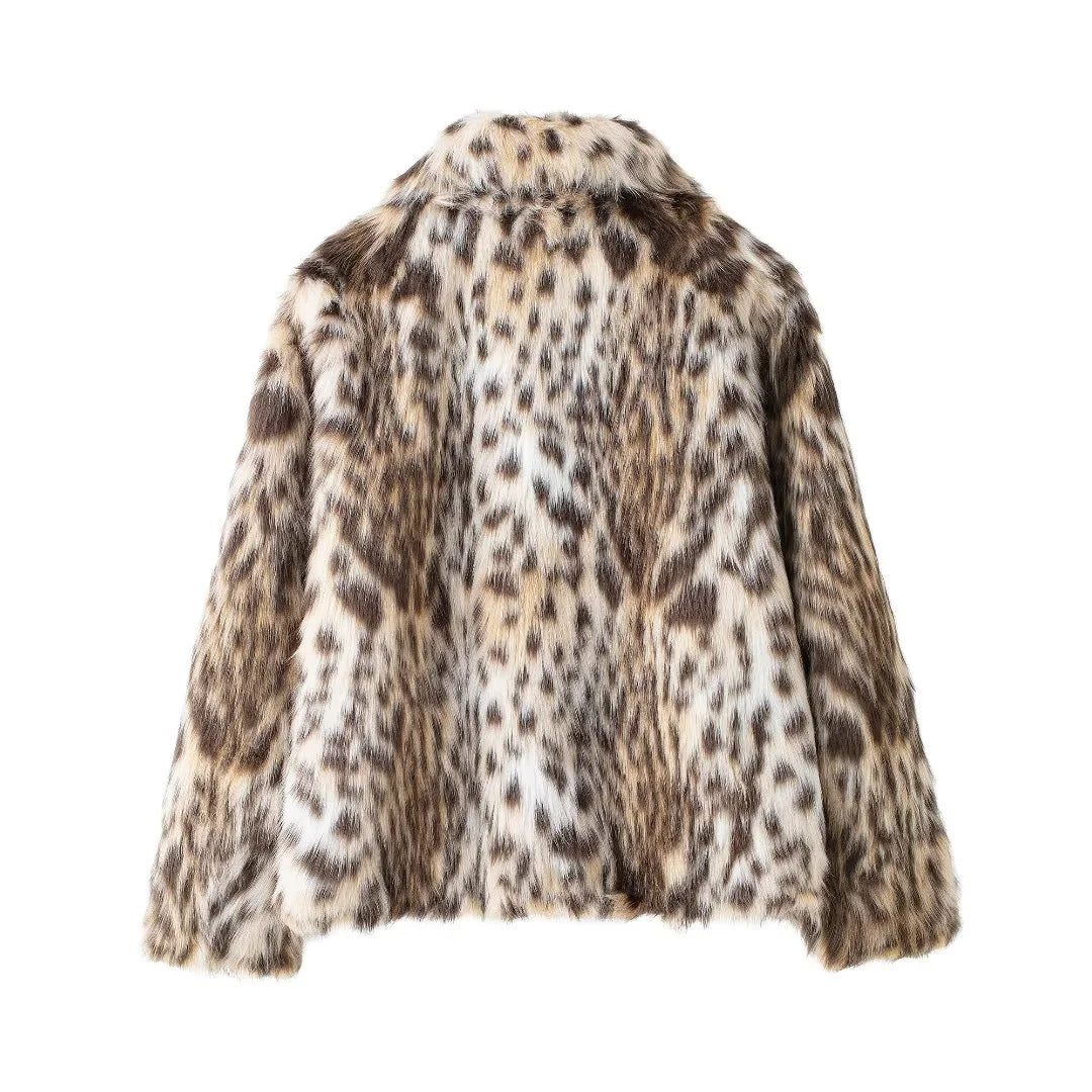 Leopard Faux Fur Notch Lapel Coat - Brown
