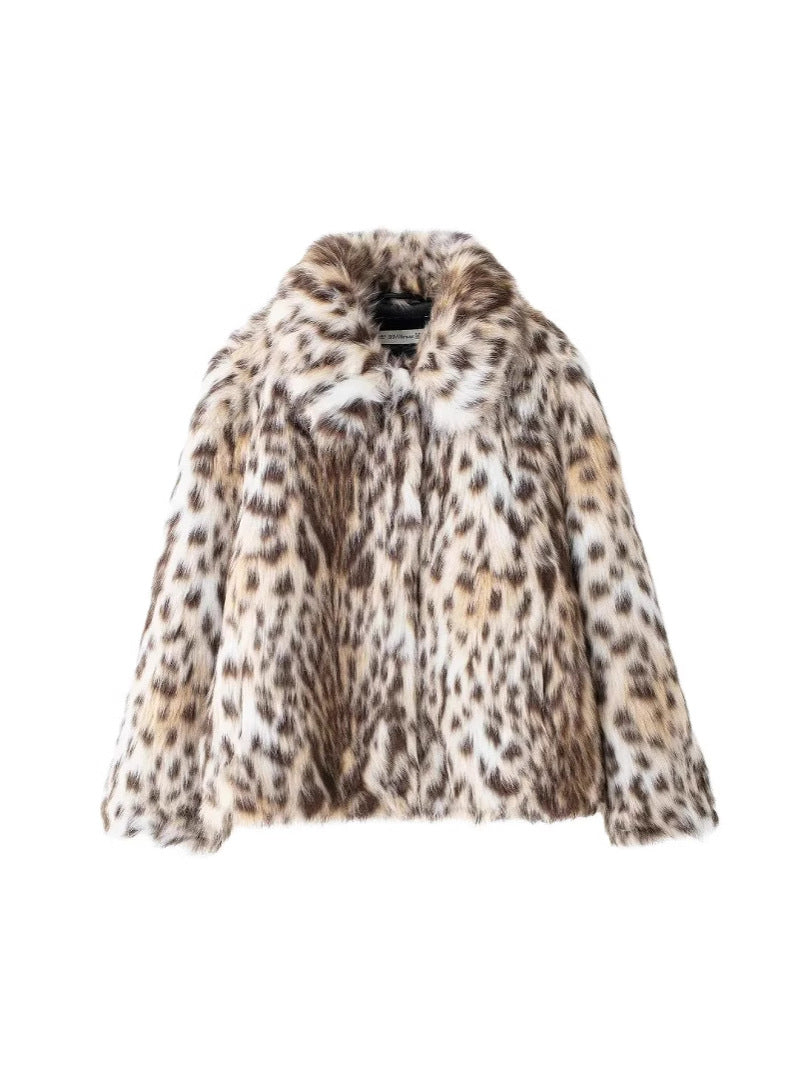 Leopard Faux Fur Notch Lapel Coat - view 1