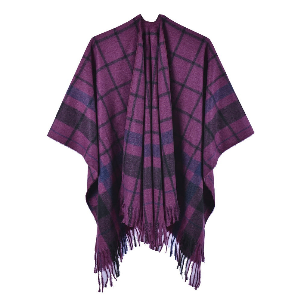 Fringed Plaid Open Front Wrap Shawl - purple