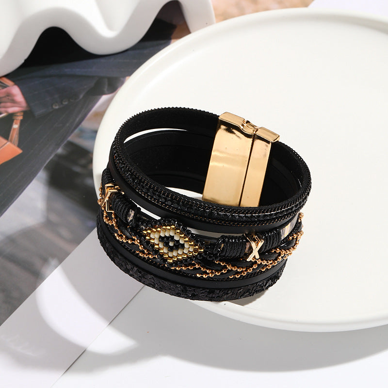 Boho Beaded Diamond Motif Leather Bracelet - Black