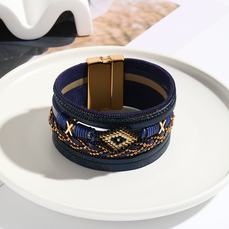 Boho Beaded Diamond Motif Leather Bracelet - Blue
