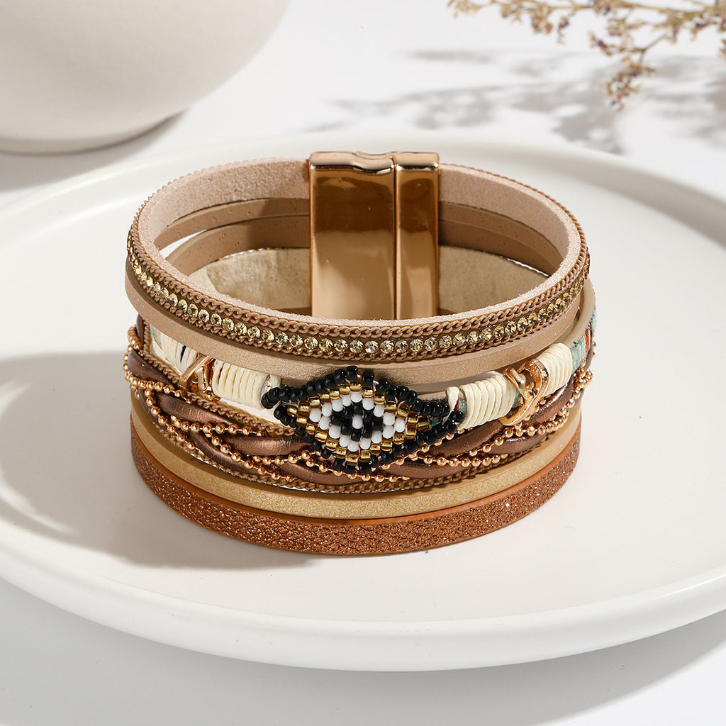 Boho Beaded Diamond Motif Leather Bracelet - Khaki