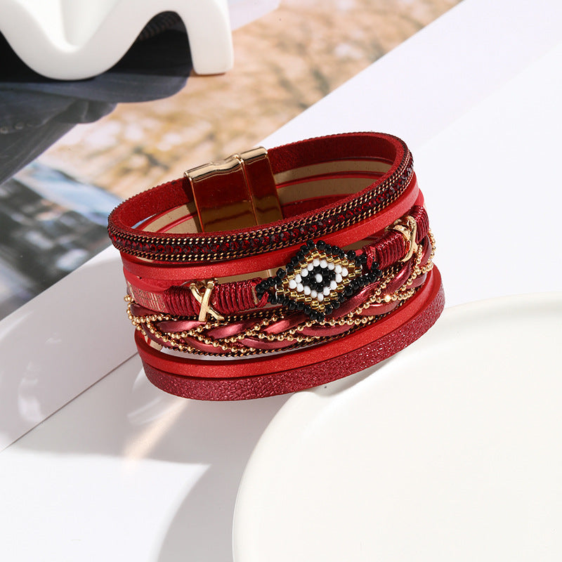 Boho Beaded Diamond Motif Leather Bracelet - Red