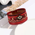 Boho Beaded Diamond Motif Leather Bracelet - Red