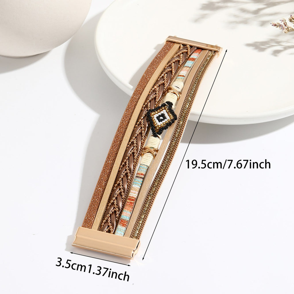 Boho Beaded Diamond Motif Leather Bracelet - view 1