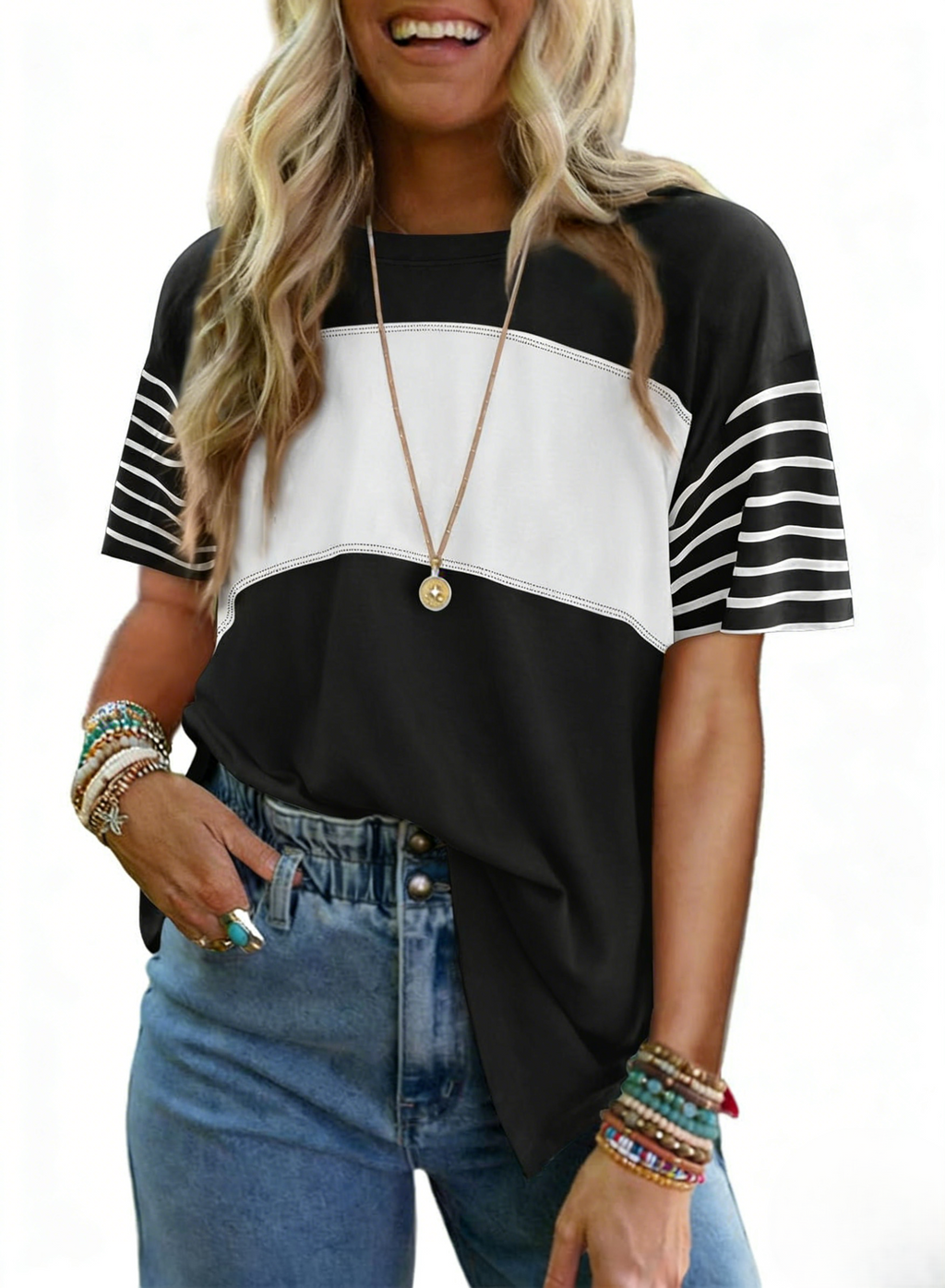Colorblock Tee With Striped Short Sleeves - Black